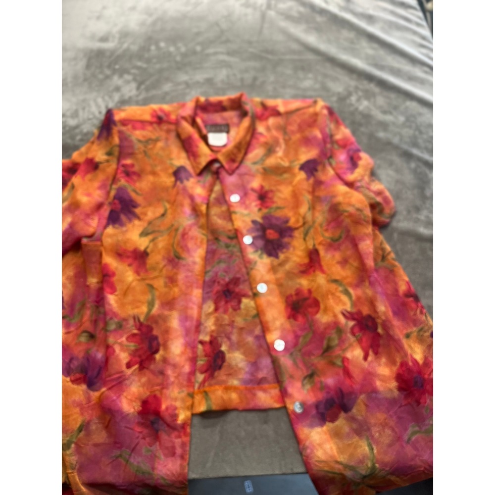 Lisa II Ltd Women Plus Size 22W Floral Crinkle Button Up Shirt Orange Pink 7473W